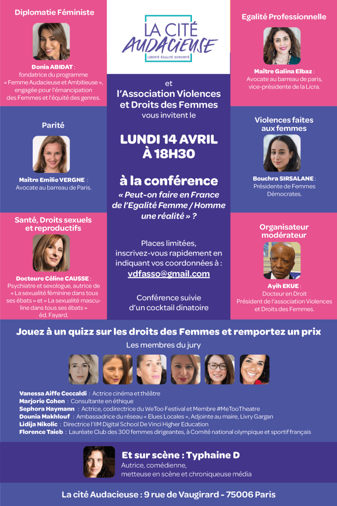 Affiche de la conférence du 14 avril 2025 à La Cité Audacieuse, Peut-on faire en France de l’égalité femme / homme une réalité ?